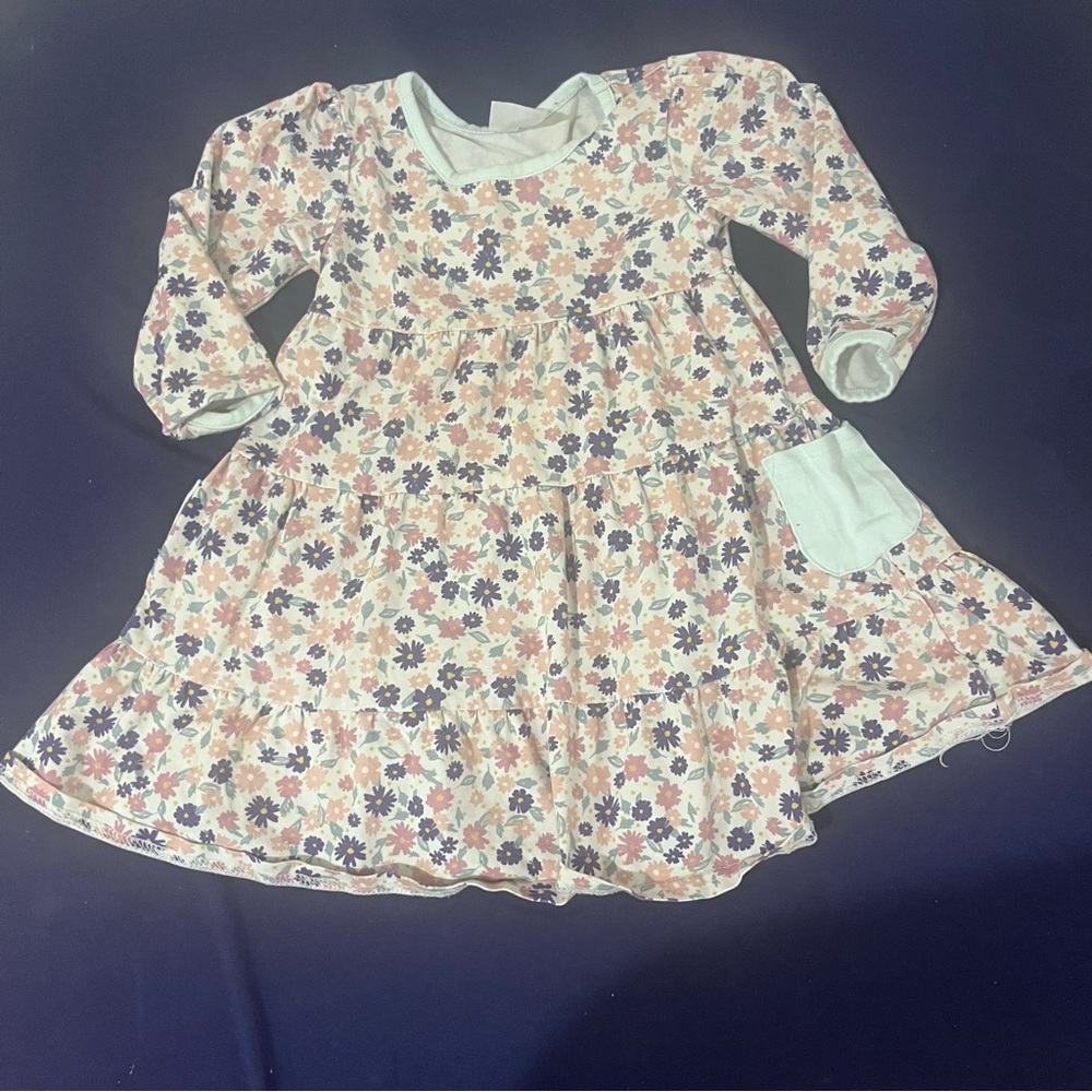 Stitchy Fish Baby Girls Long Sleeve Floral Print Tiered Dress With Pockets 24m